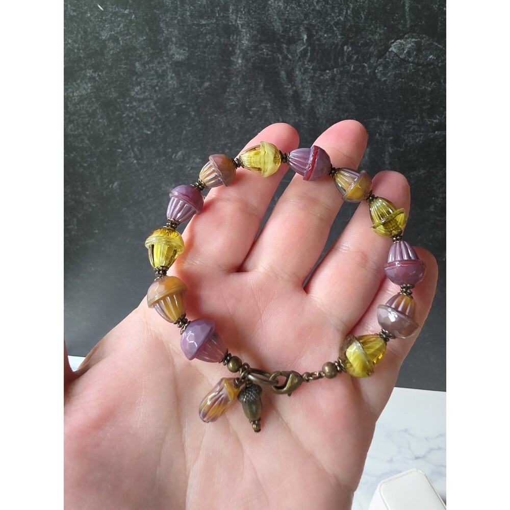 Purple & Yellow Acorn Glass Beaded Bronze Tone Metal Bracelet Vintage
